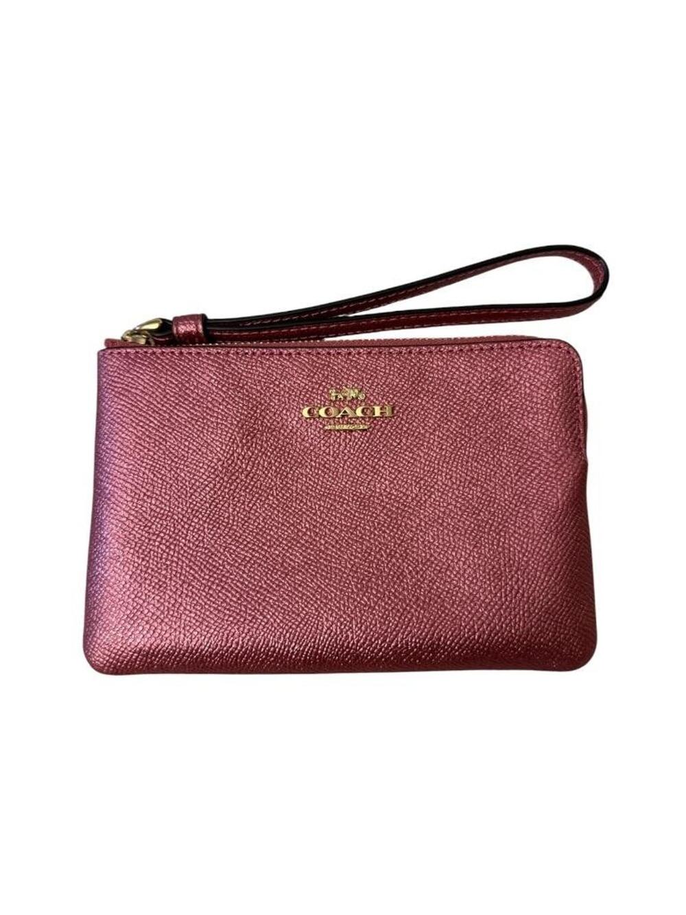 COACH Corner Zip Crossgrain Pink Metallic Leather Wristlet EUC F2107